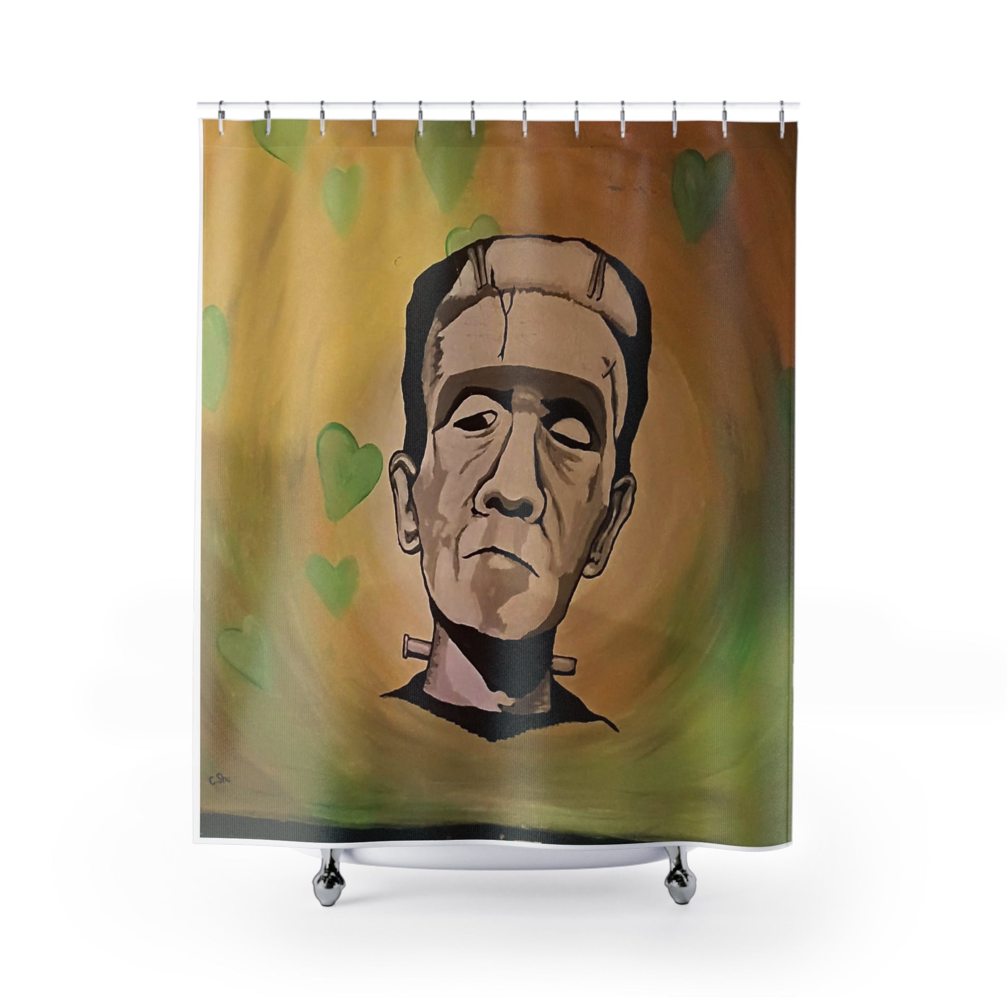 FrankenHeart by CSHU Shower Curtain – Retro Gothic Portrait with Green Heart Accents