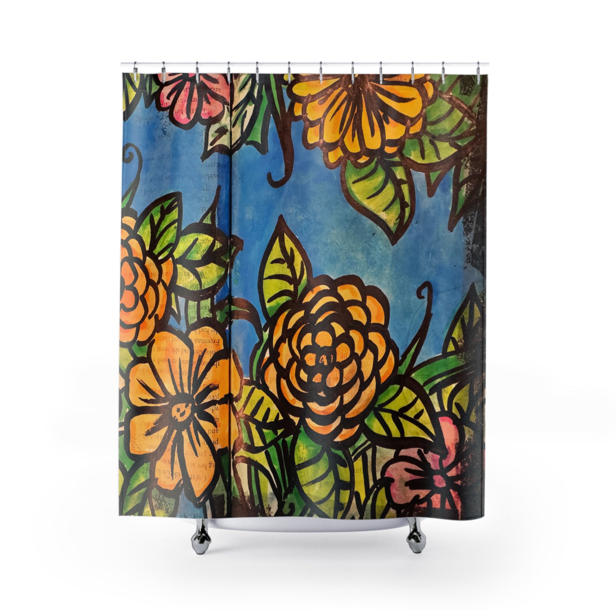 CSHU Floral Shower Curtain — Vibrant Hand-Painted Blue & Orange Bloom Bath Decor