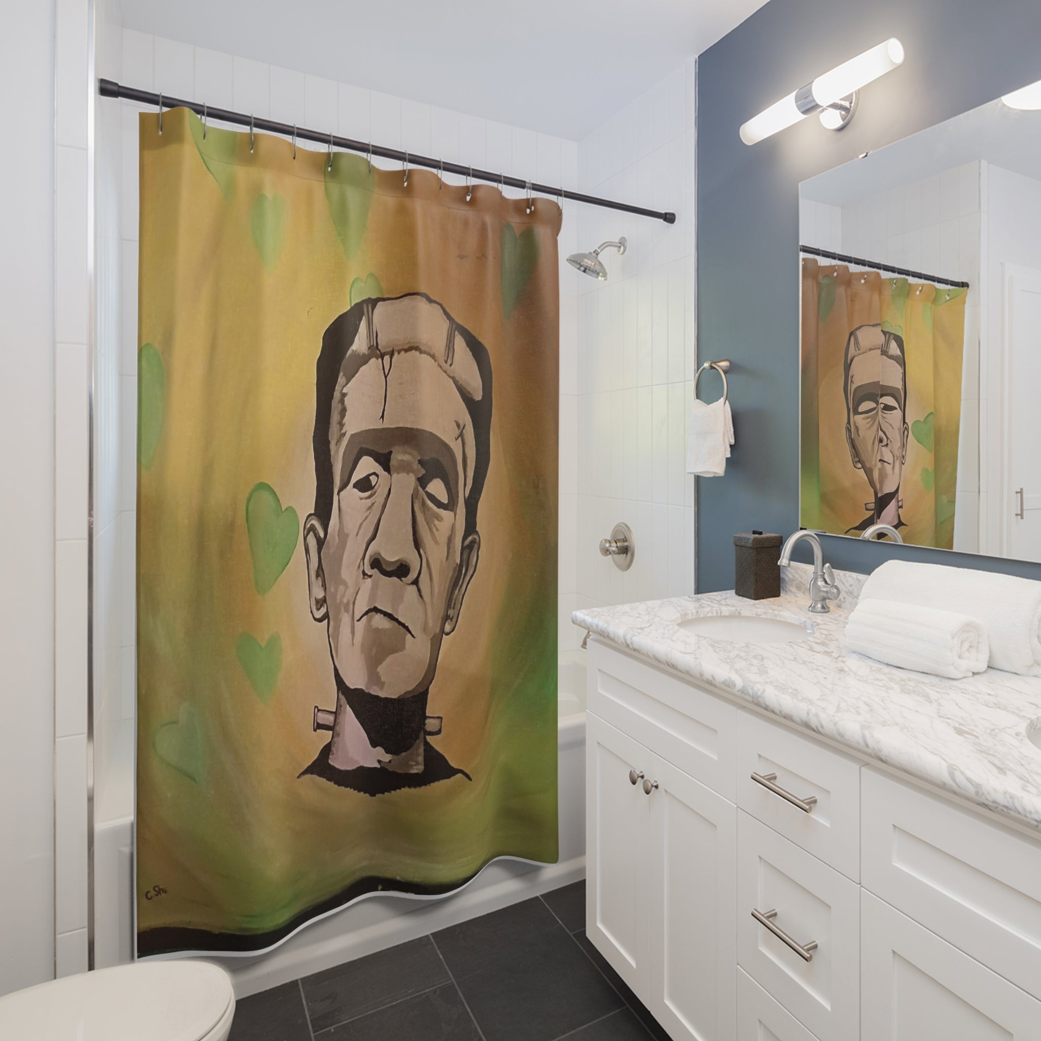 FrankenHeart by CSHU Shower Curtain – Retro Gothic Portrait with Green Heart Accents