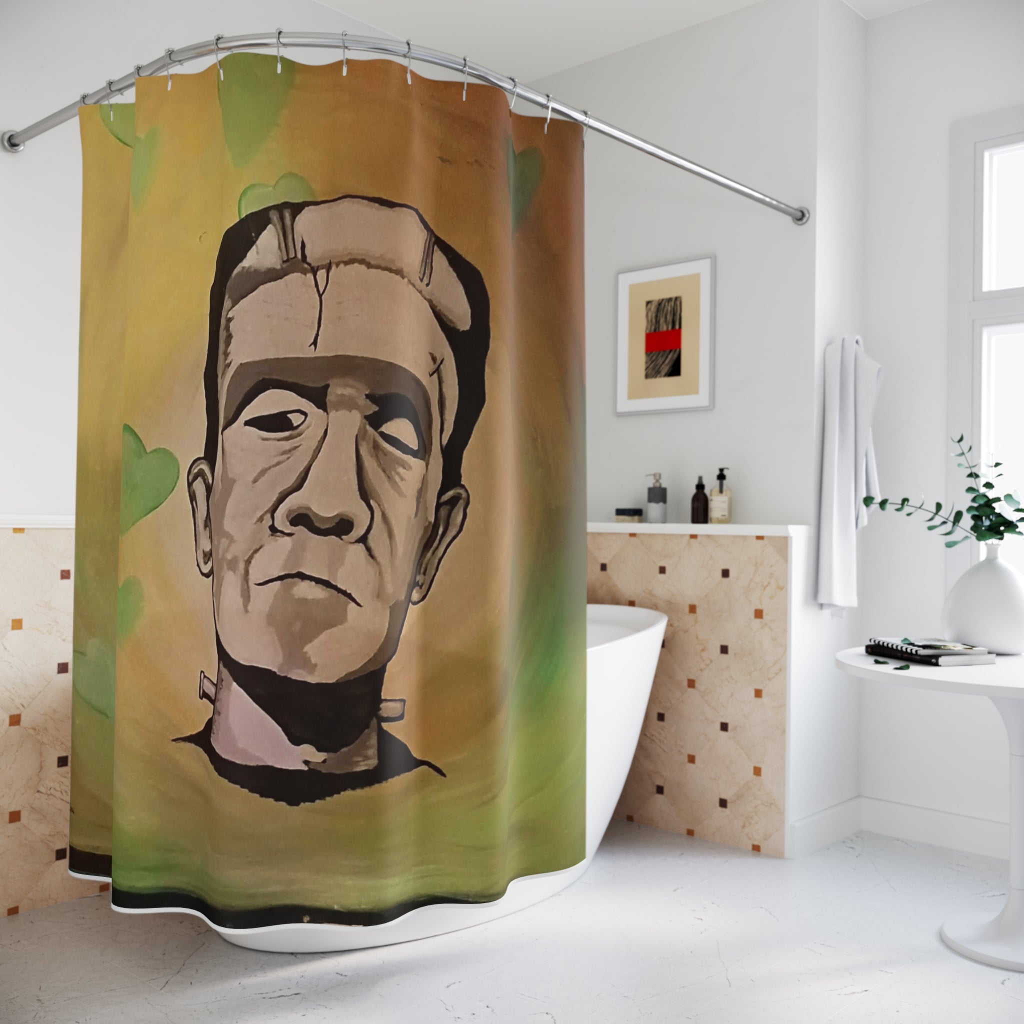 FrankenHeart by CSHU Shower Curtain – Retro Gothic Portrait with Green Heart Accents