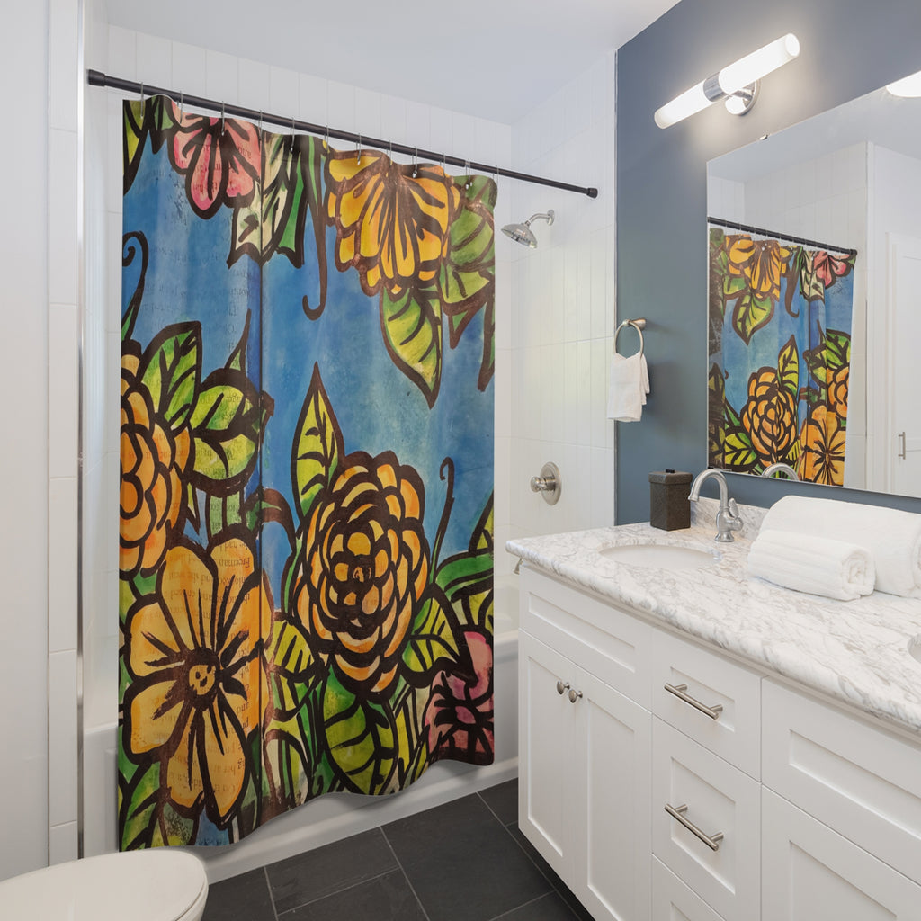 CSHU Floral Shower Curtain — Vibrant Hand-Painted Blue & Orange Bloom Bath Decor