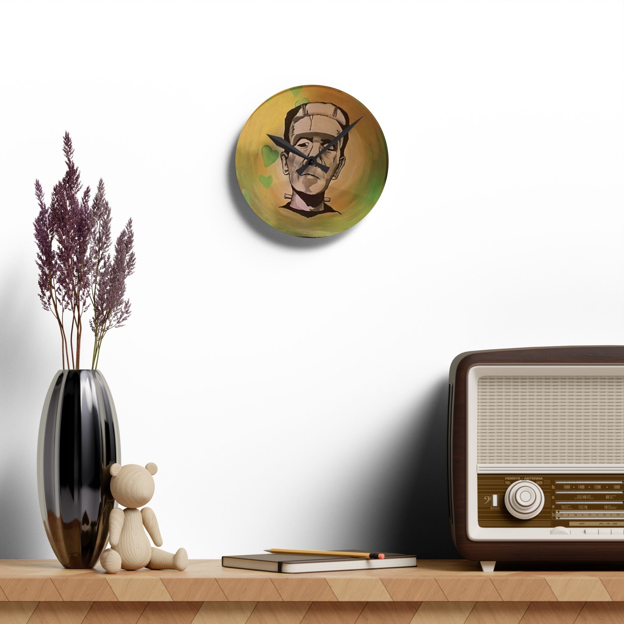 FrankenHeart by CSHU Acrylic Wall Clock — Retro Horror Home Décor