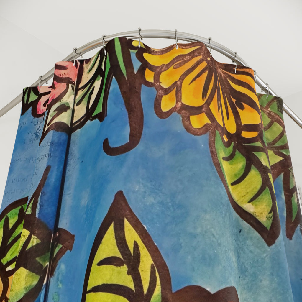 CSHU Floral Shower Curtain — Vibrant Hand-Painted Blue & Orange Bloom Bath Decor