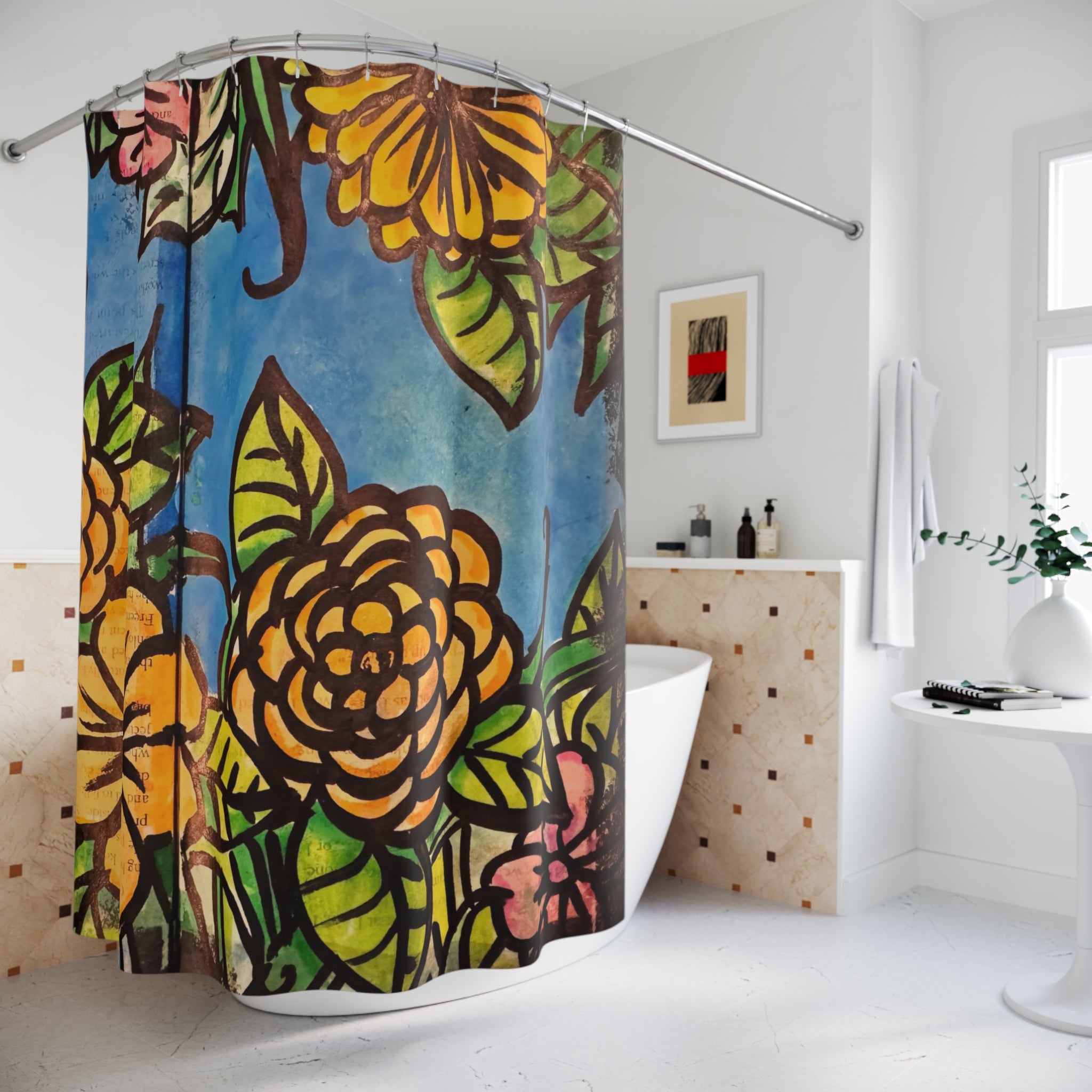 CSHU Floral Shower Curtain — Vibrant Hand-Painted Blue & Orange Bloom Bath Decor
